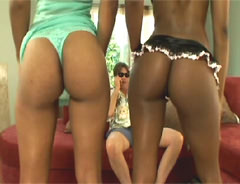 Two sexy black babes fucking a lucky white cock - sample 1